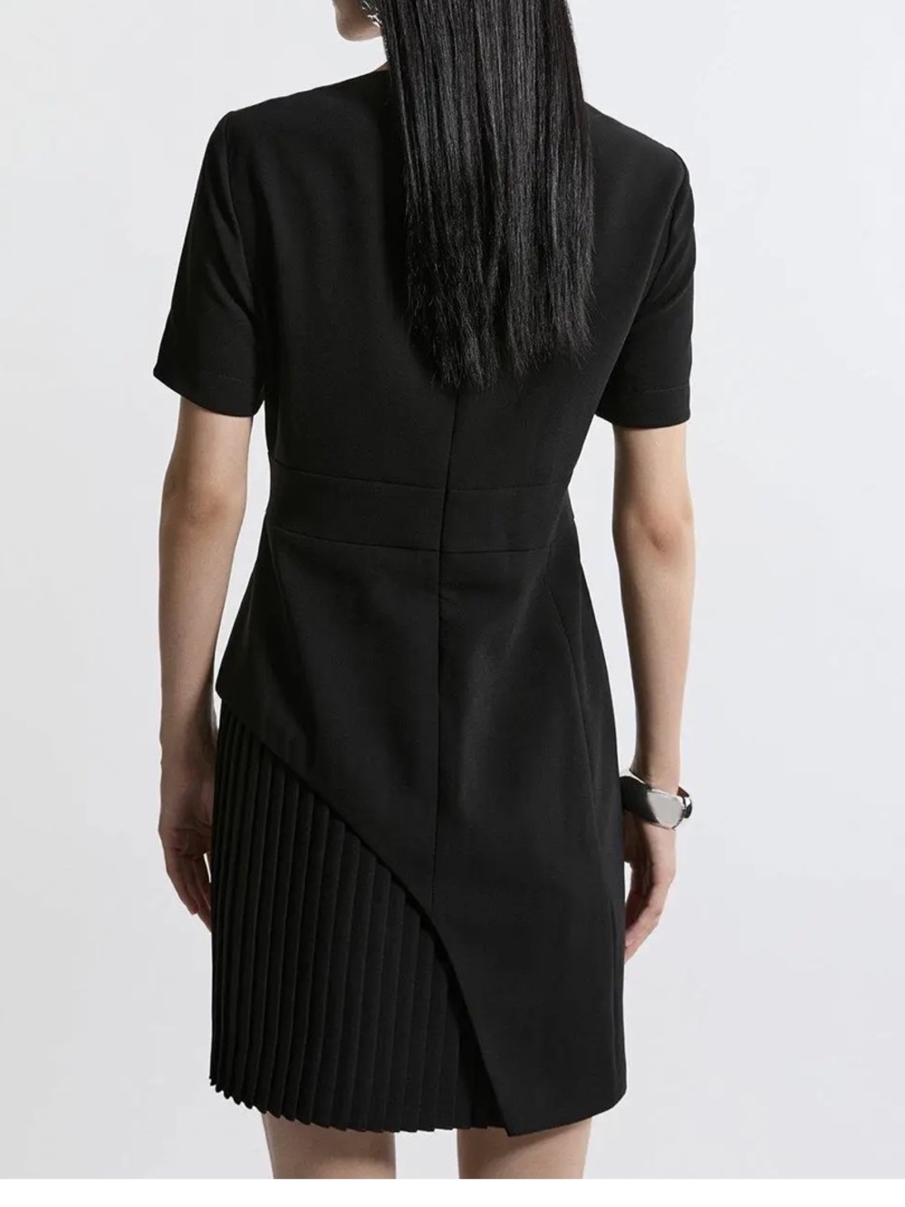 Karen Millen Black Short-Sleeve Belted Asymmetric Pleated Mini Dress - Picture 3 of 7